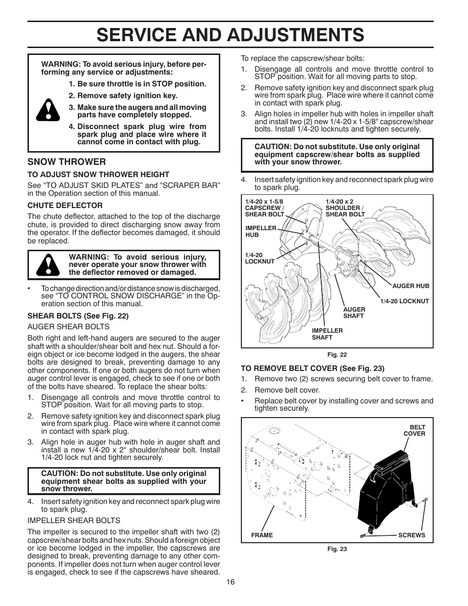 Service and adjustments, Snow thrower | Husqvarna 96193006700 User Manual | Page 16 / 24