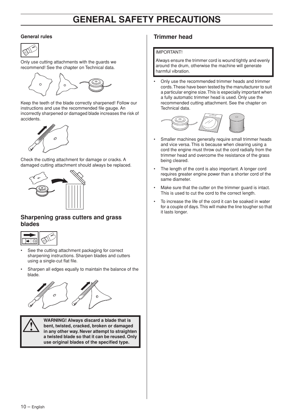 Sharpening grass cutters and grass blades, Trimmer head, General safety precautions | Husqvarna 335RJ User Manual | Page 10 / 32