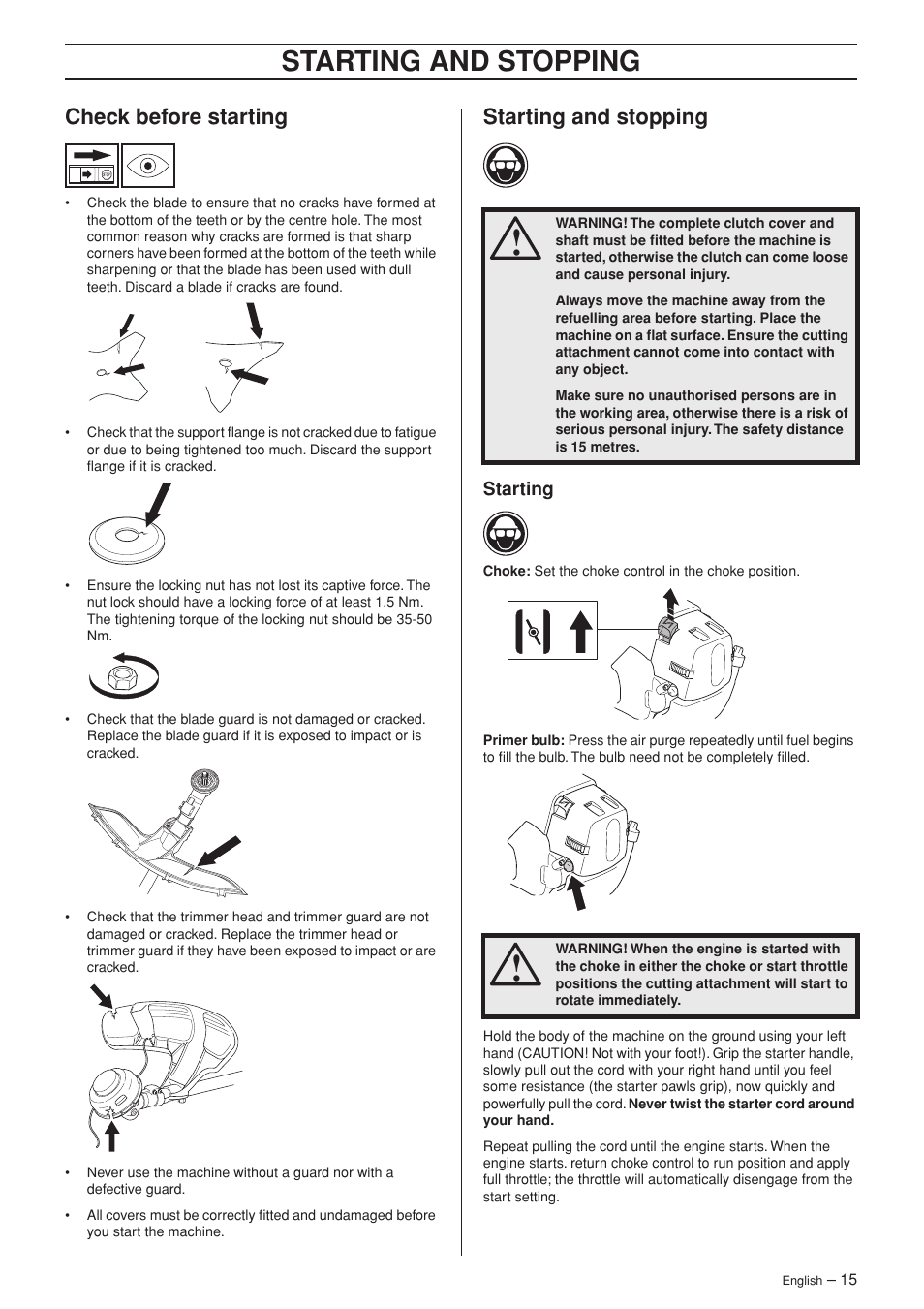 Check before starting, Starting and stopping, Starting | Husqvarna 335RJ User Manual | Page 15 / 32