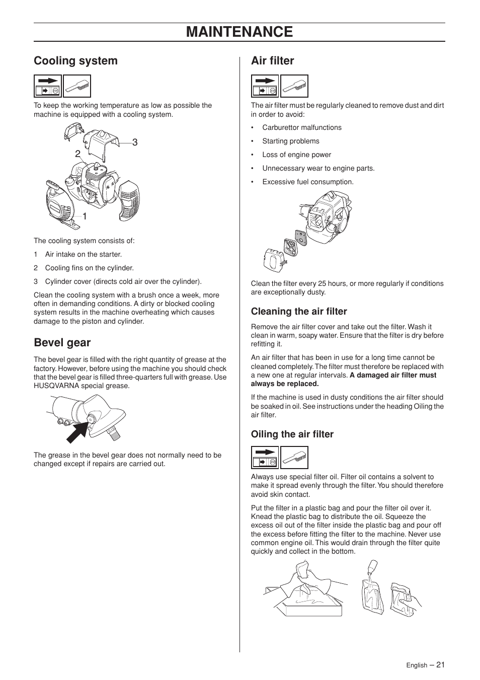 Cooling system, Bevel gear, Air filter | Cleaning the air filter, Oiling the air filter, Maintenance | Husqvarna 335RJ User Manual | Page 21 / 32