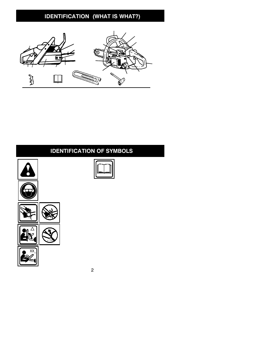 Identification, Identification of symbols, Identification (what is what?) | Husqvarna 136 User Manual | Page 2 / 15