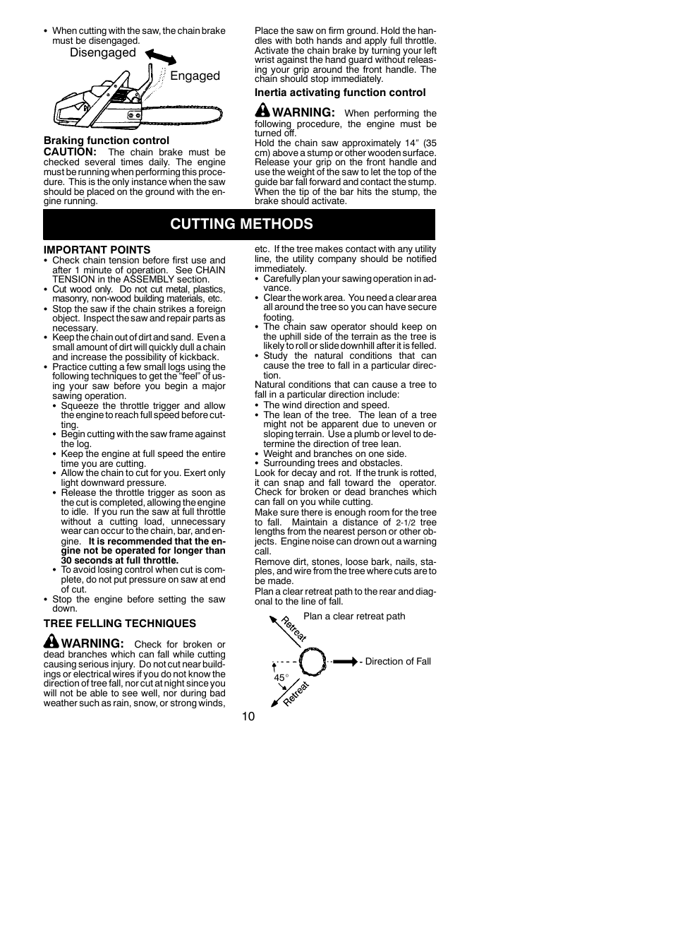 Cutting methods, Disengaged engaged, Warning | Husqvarna 142 User Manual | Page 10 / 18