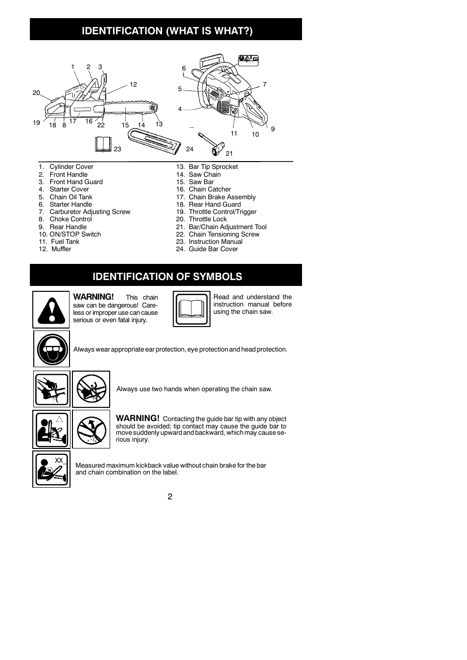 What is what, Symbols, Identification (what is what?) | Identification of symbols, Warning | Husqvarna 142 User Manual | Page 2 / 18