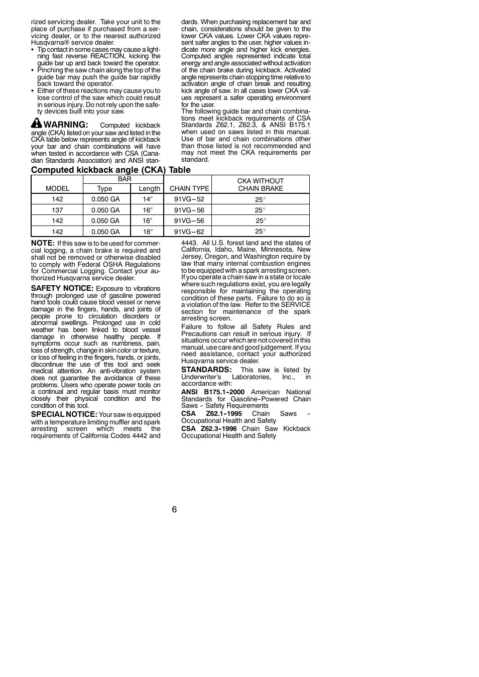 Warning, Computed kickback angle (cka) table | Husqvarna 142 User Manual | Page 6 / 18