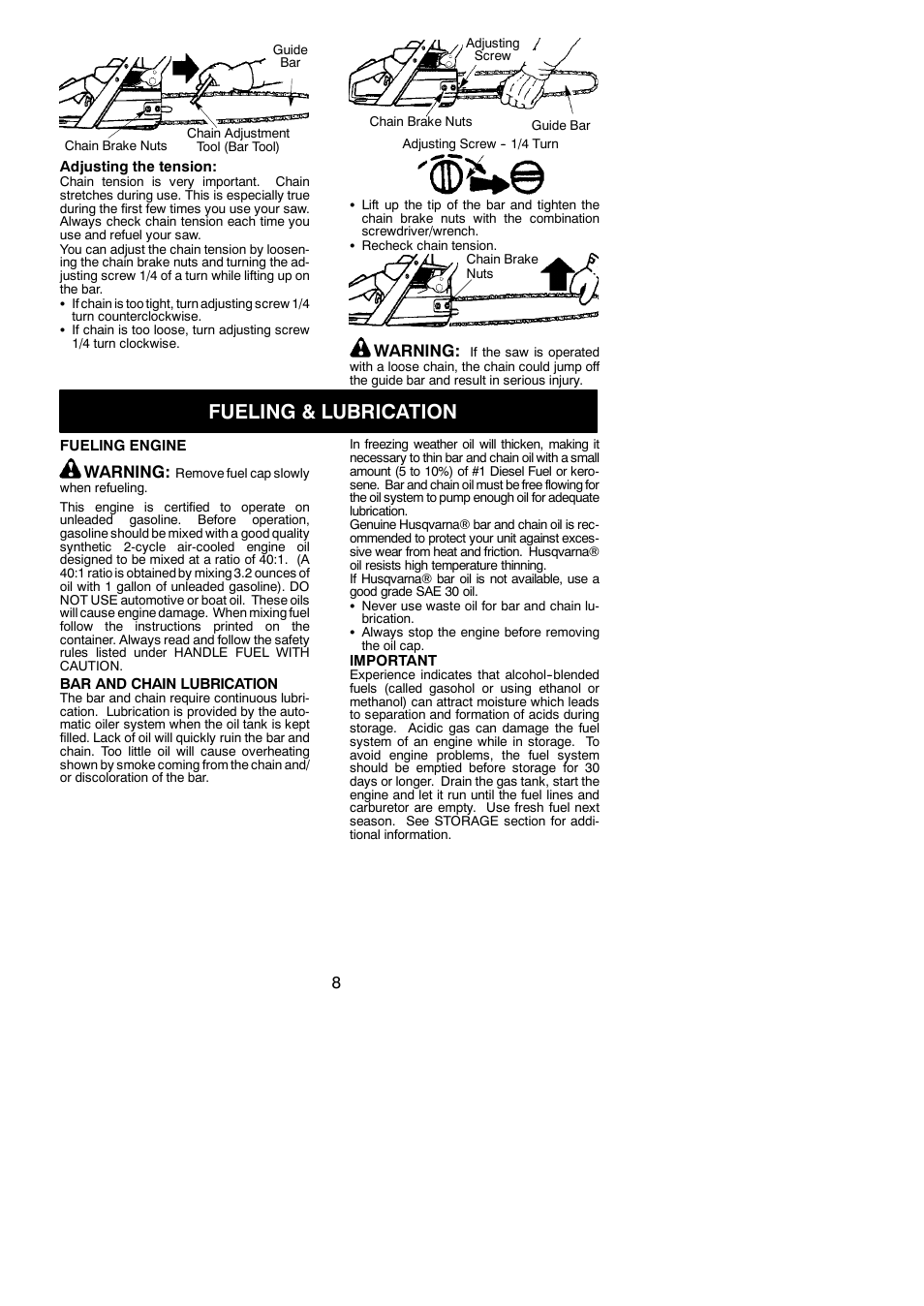 Fueling/ lubrication, Fueling & lubrication, Warning | Husqvarna 142 User Manual | Page 8 / 18
