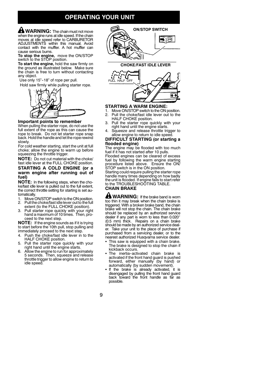 Operation, Operating your unit, Warning | Husqvarna 142 User Manual | Page 9 / 18
