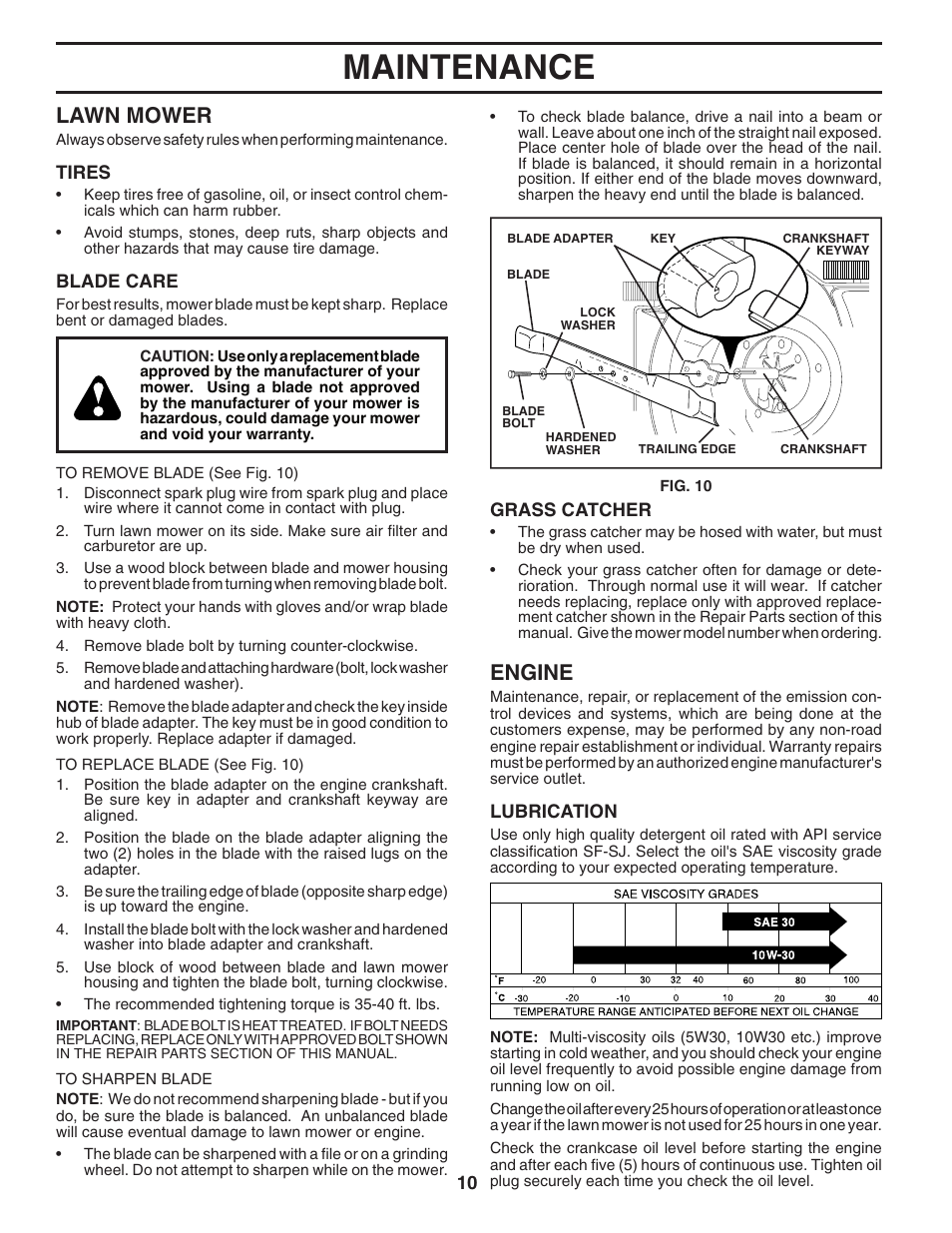 Maintenance, Lawn mower, Engine | Husqvarna 7021P User Manual | Page 10 / 19