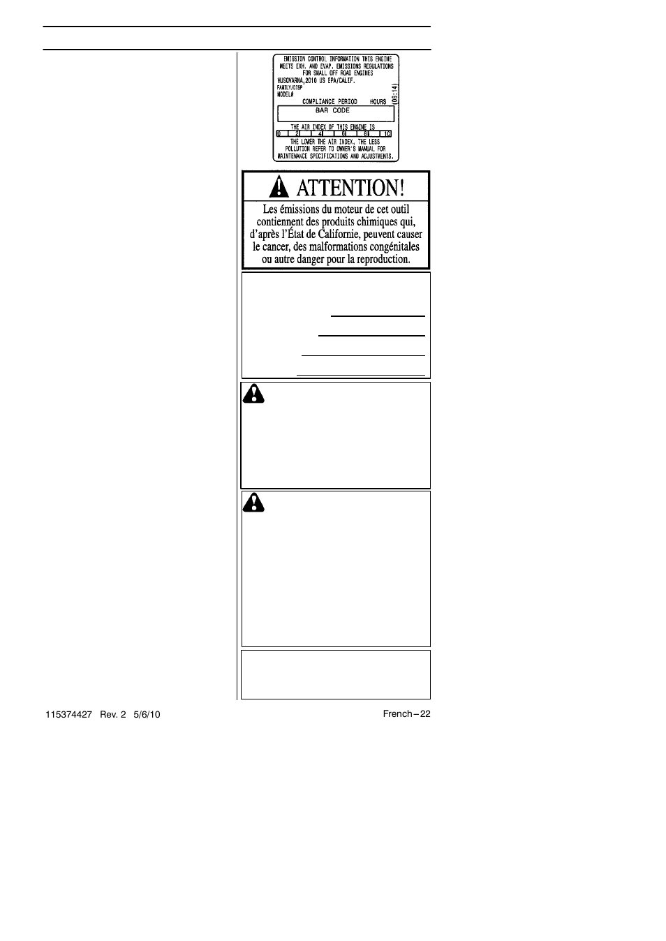 Contenu, Avertissement | Husqvarna 124C User Manual | Page 22 / 68
