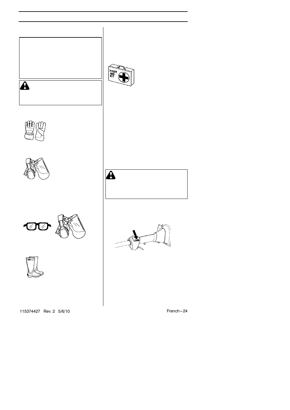 Instructions de sécurité, Équipement de protection personnelle avertissement, Avertissement | Équipement de sécurité de la machine | Husqvarna 124C User Manual | Page 24 / 68