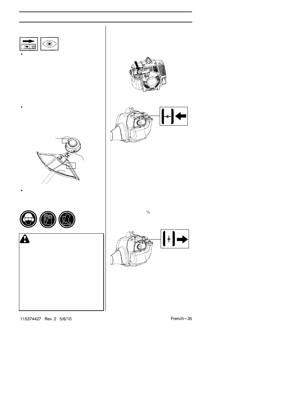 Démarrage et arrêt, Contrôles avant la mise en marche, Démarrage et arrêt avertissement | Husqvarna 124C User Manual | Page 35 / 68