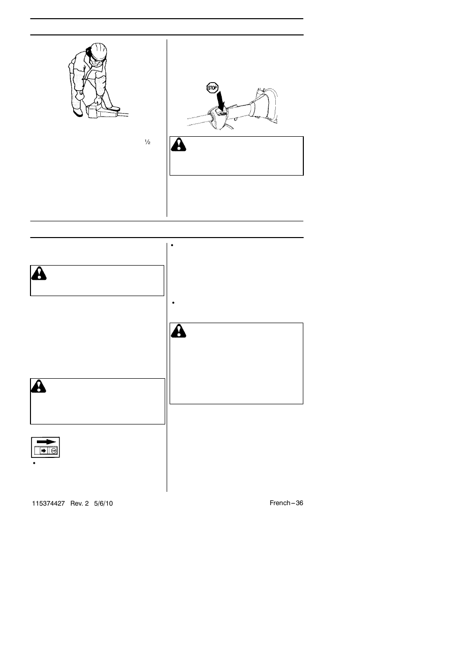 Démarrage et arrêt, Entretien, Avertissement | Carburateur | Husqvarna 124C User Manual | Page 36 / 68