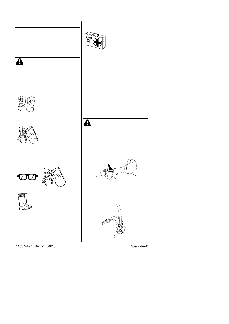 Instrucciones de seguridad, Equipo de protección personal advertencia, Equipo de seguridad de la máquina | Advertencia | Husqvarna 124C User Manual | Page 45 / 68