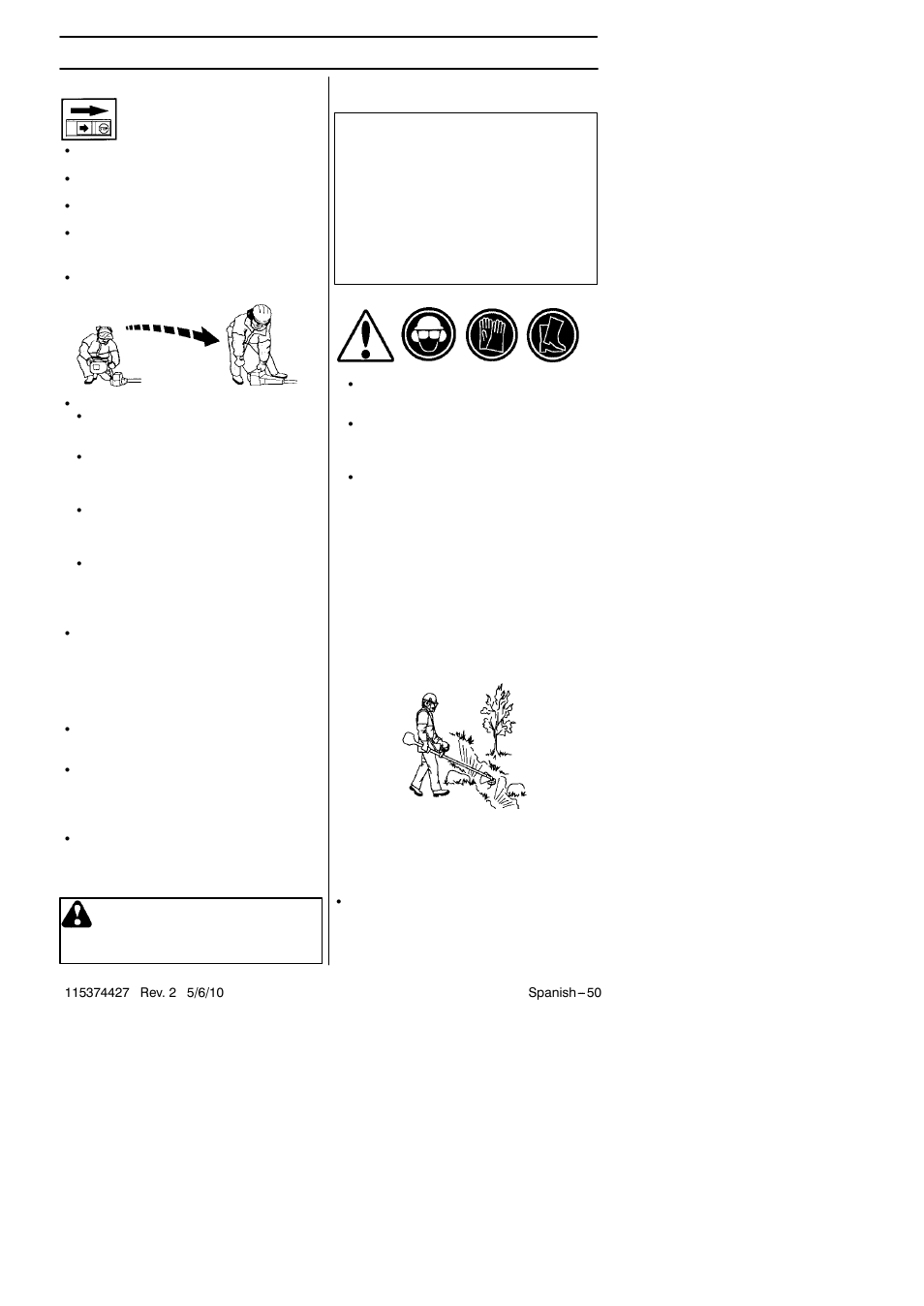 Instrucciones de seguridad, Advertencia, Instrucciones generales de trabajo | Técnica básicas de trabajo | Husqvarna 124C User Manual | Page 50 / 68