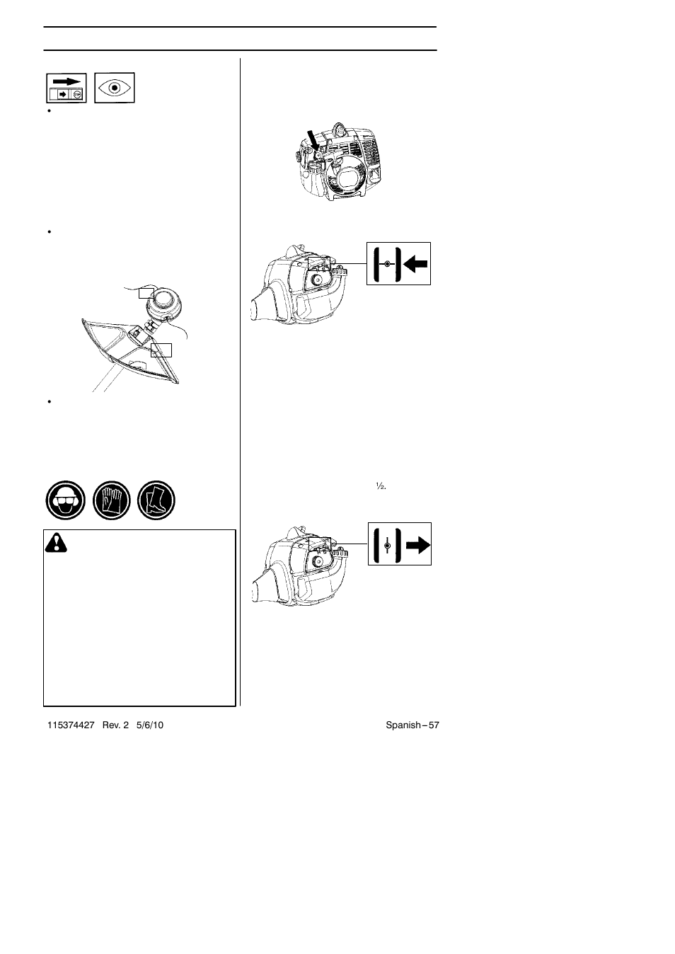 Arranque y parada, Control antes de arrancar, Arranque y parada advertencia | Husqvarna 124C User Manual | Page 57 / 68