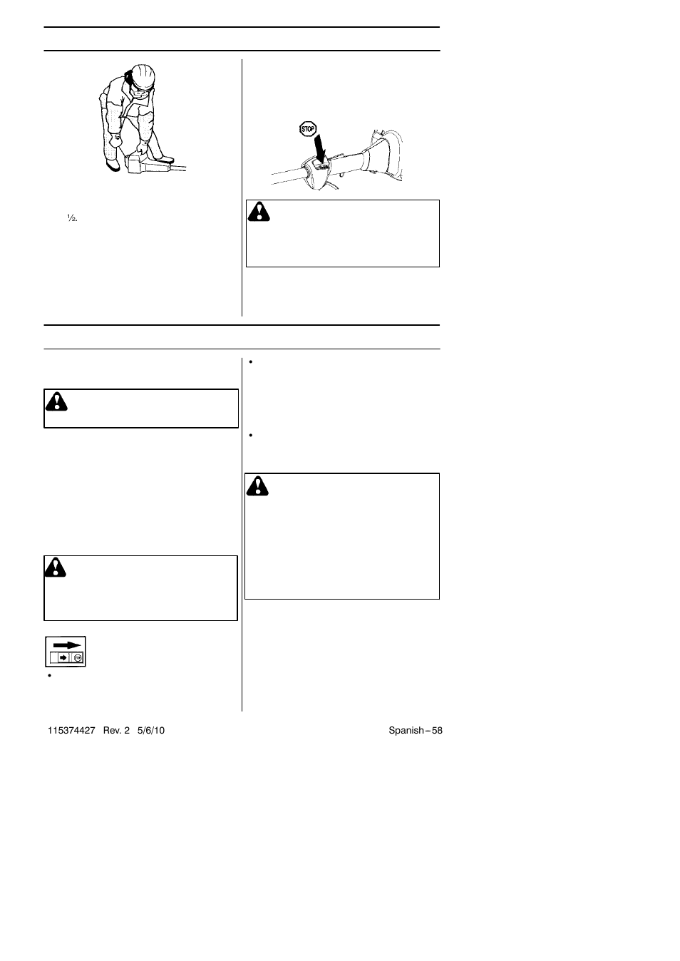 Arranque y parada, Mantenimiento, Advertencia | Carburador | Husqvarna 124C User Manual | Page 58 / 68