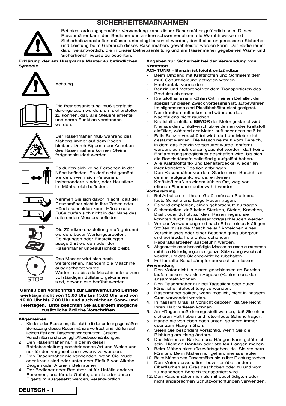 Sicherheitsmaßnahmen, Stop, Deutsch - 1 | Husqvarna 5118761-06 User Manual | Page 12 / 64