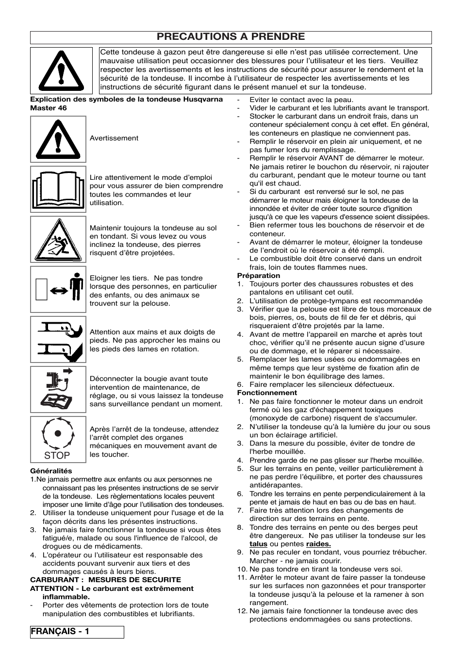 Precautions a prendre, Stop, Français - 1 | Husqvarna 5118761-06 User Manual | Page 16 / 64