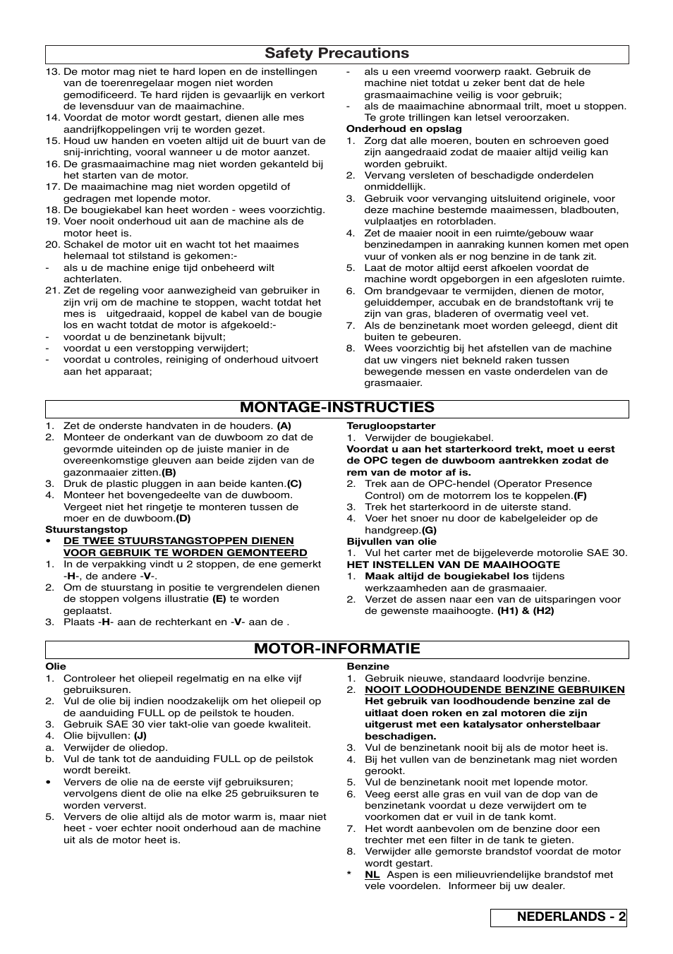 Safety precautions, Montage-instructies, Motor-informatie | Nederlands - 2 | Husqvarna 5118761-06 User Manual | Page 21 / 64