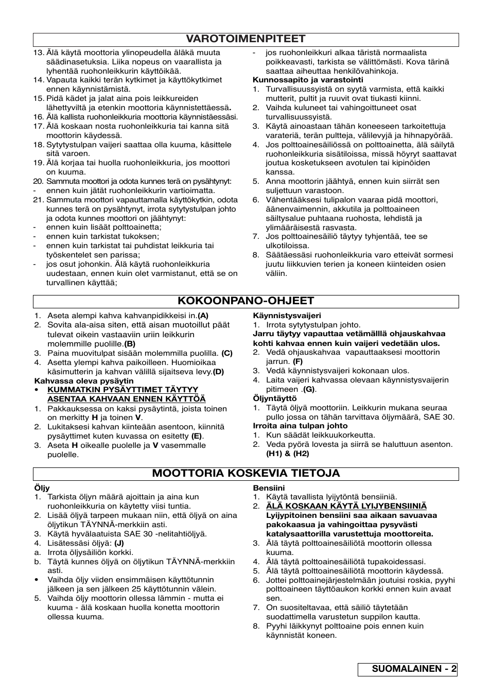 Varotoimenpiteet, Kokoonpano-ohjeet, Moottoria koskevia tietoja | Suomalainen - 2 | Husqvarna 5118761-06 User Manual | Page 29 / 64