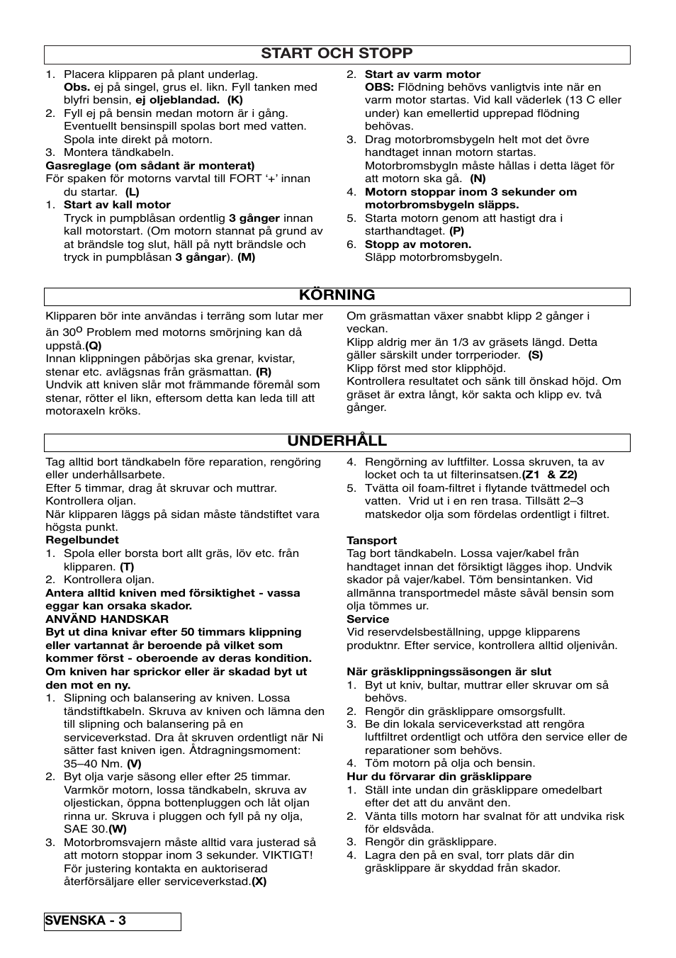 Start och stopp, Körning, Underhåll | Husqvarna 5118761-06 User Manual | Page 34 / 64