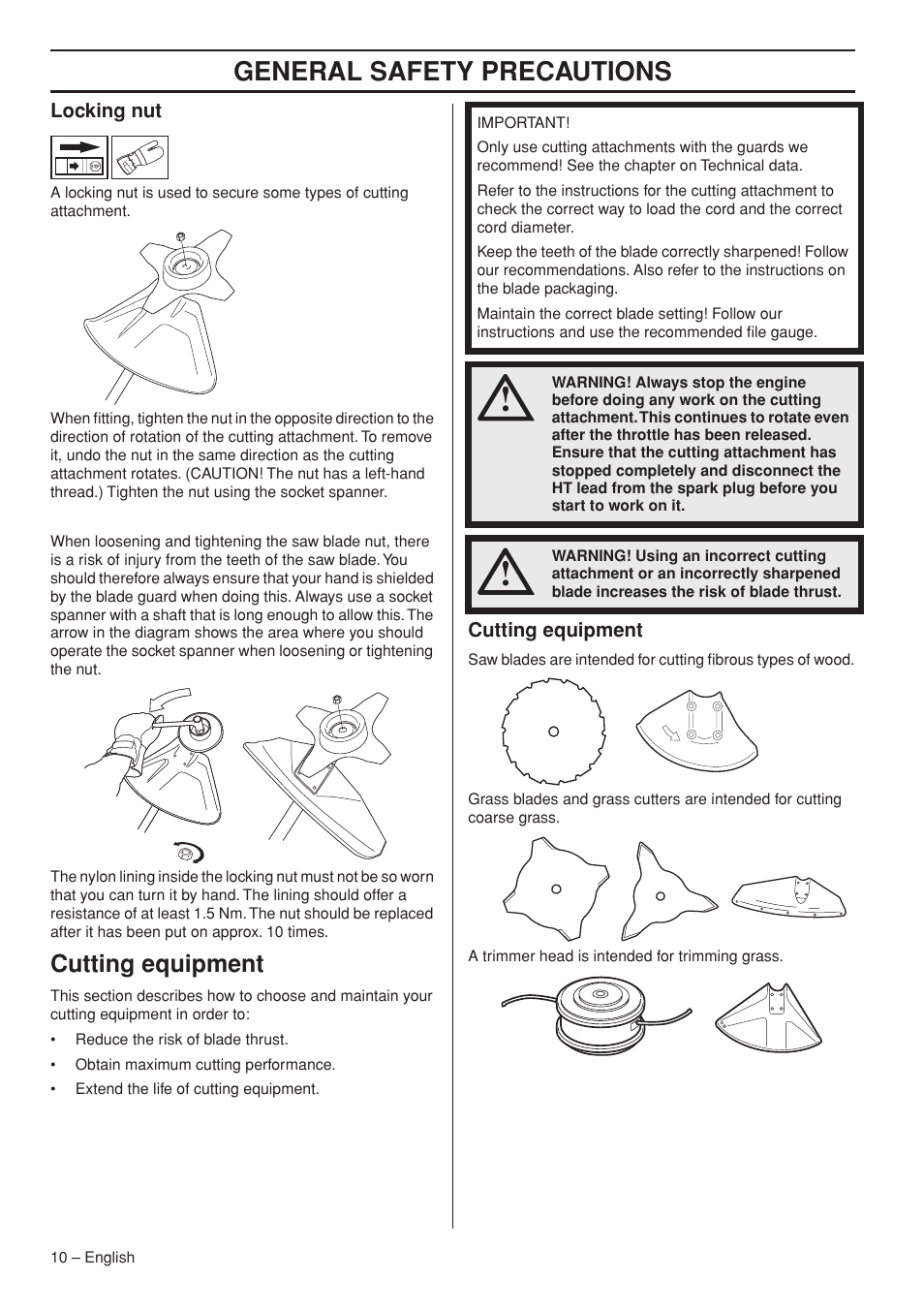 Locking nut, Cutting equipment, General safety precautions | Husqvarna 327RD User Manual | Page 10 / 44