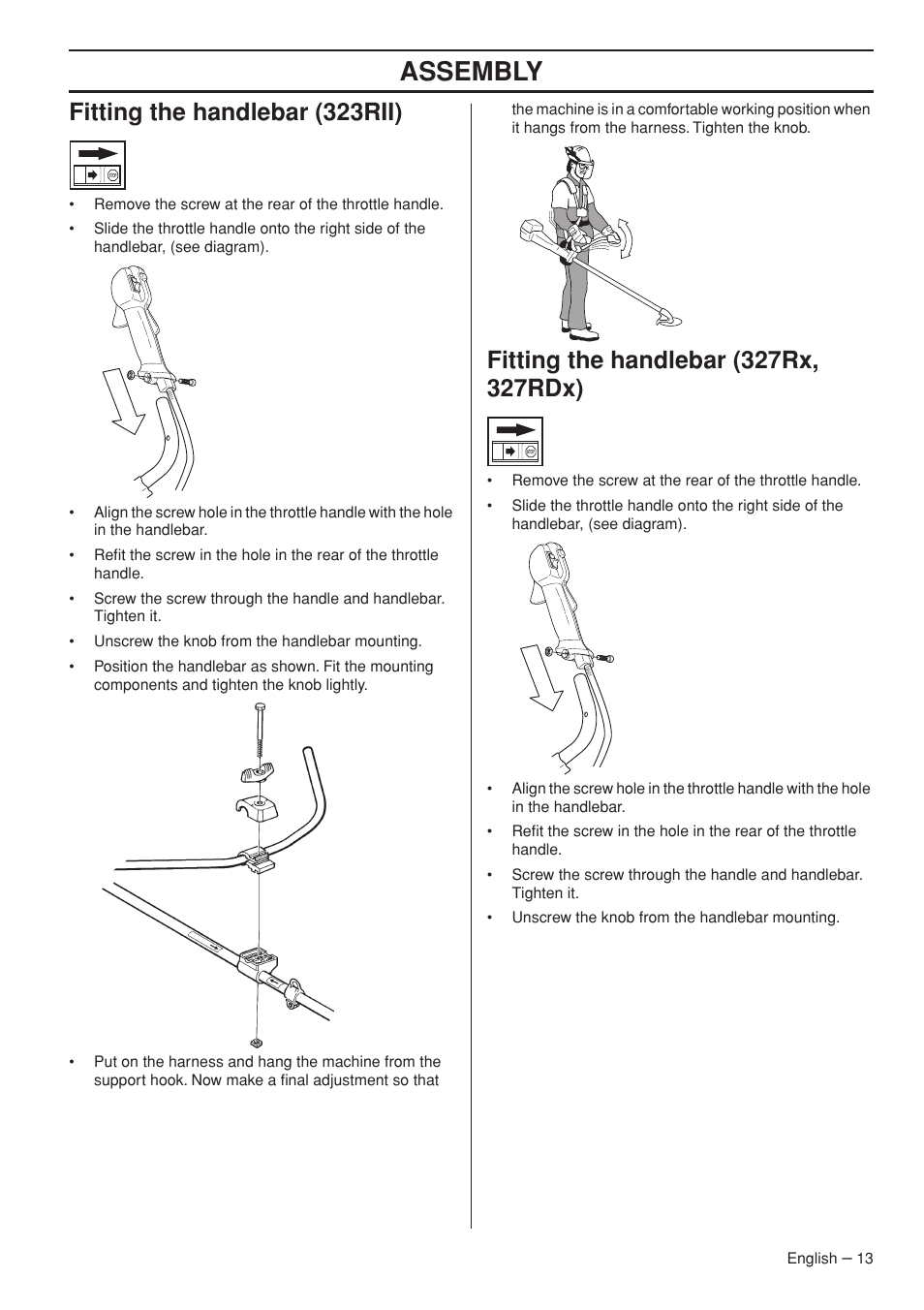 Fitting the handlebar (323rii), Fitting the handlebar (327rx, 327rdx), Assembly | Husqvarna 327RD User Manual | Page 13 / 44