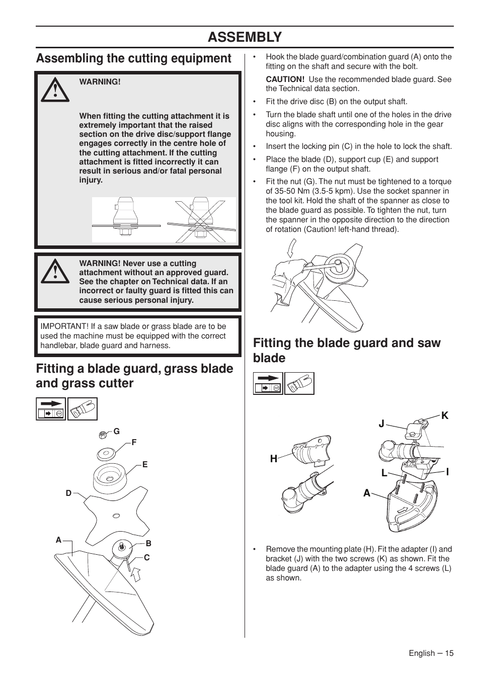 Assembling the cutting equipment, Fitting the blade guard and saw blade, Assembly | Husqvarna 327RD User Manual | Page 15 / 44
