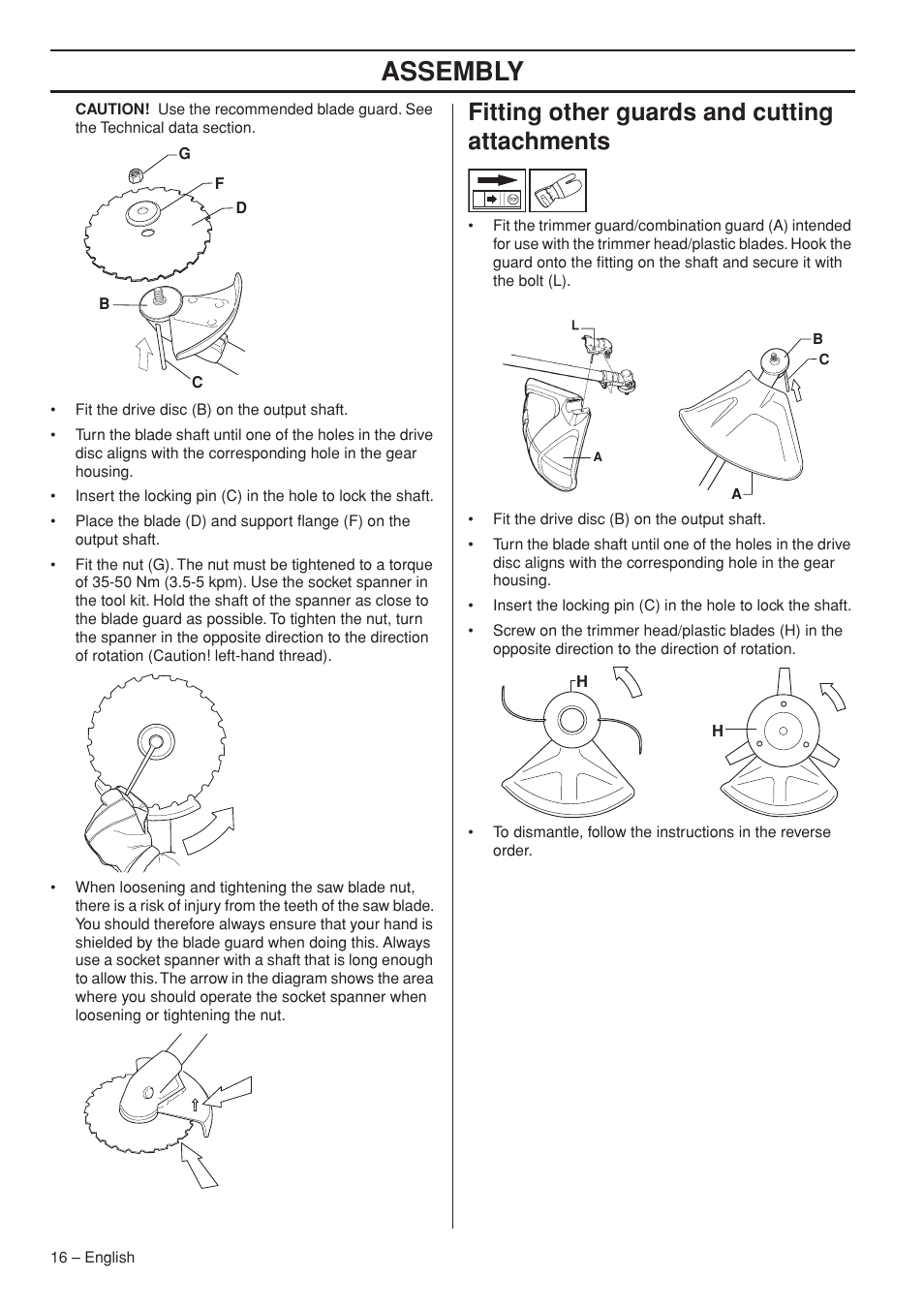 Fitting other guards and cutting attachments, Assembly | Husqvarna 327RD User Manual | Page 16 / 44