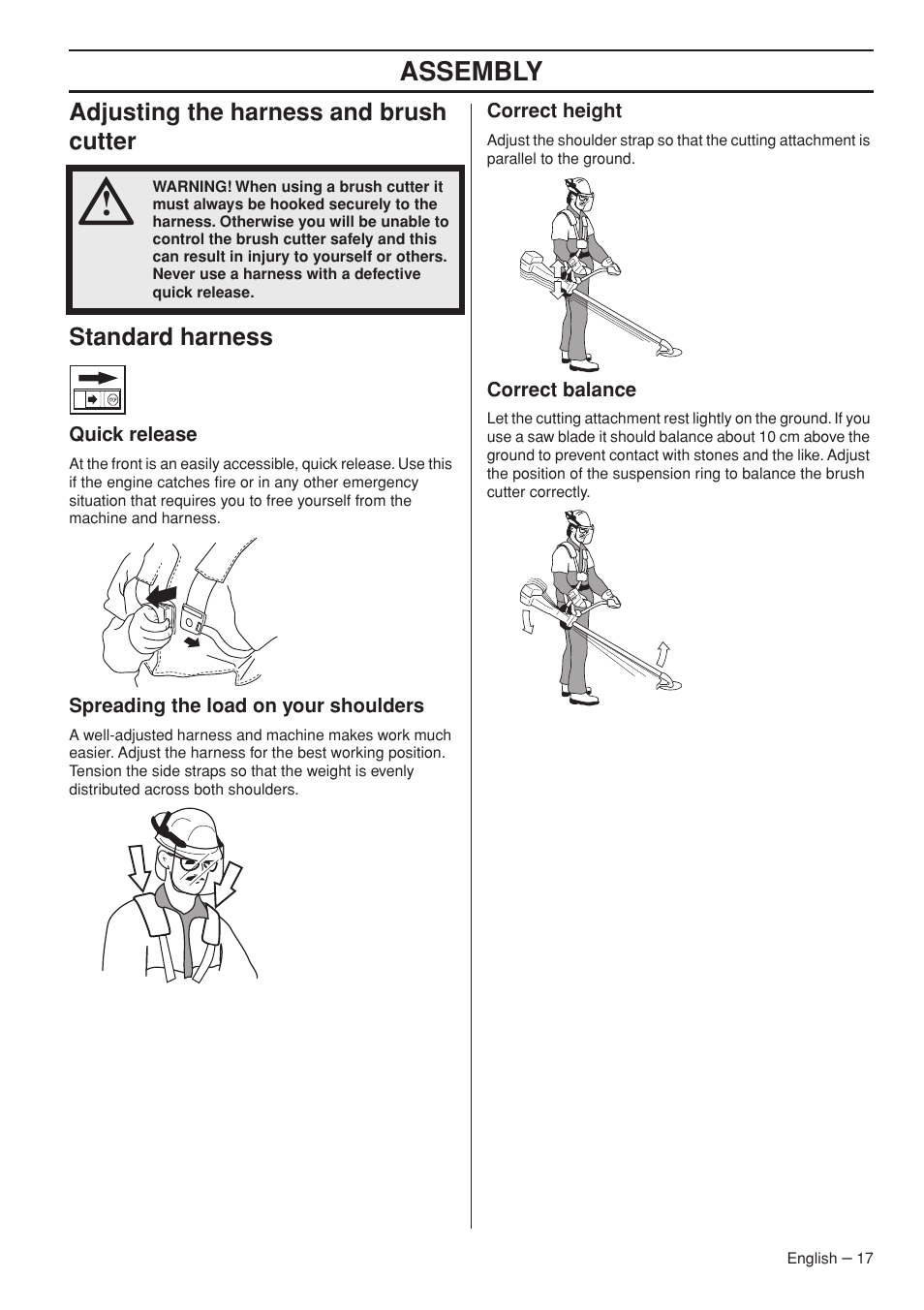 Adjusting the harness and brush cutter, Standard harness, Quick release | Spreading the load on your shoulders, Correct height, Correct balance, Assembly | Husqvarna 327RD User Manual | Page 17 / 44