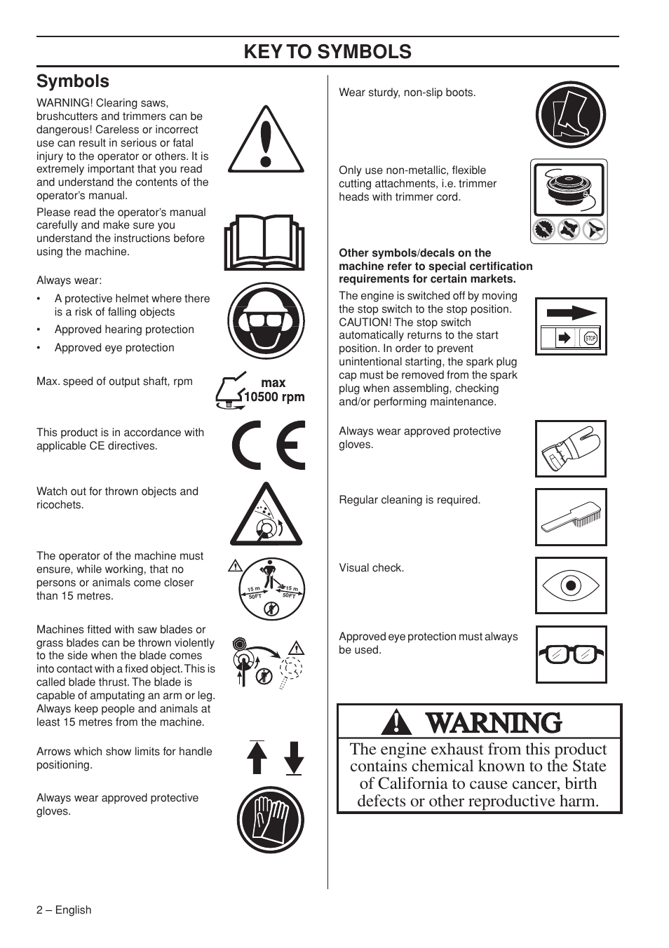 Symbols, Key t o symbols | Husqvarna 327RD User Manual | Page 2 / 44