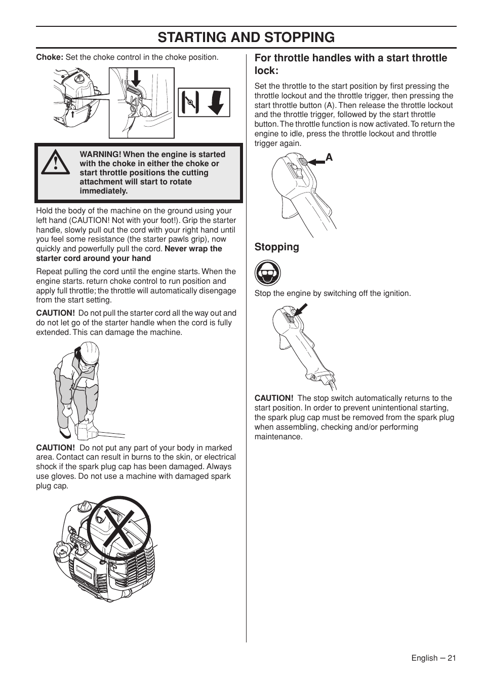 For throttle handles with a start throttle lock, Stopping, Starting and stopping | Husqvarna 327RD User Manual | Page 21 / 44
