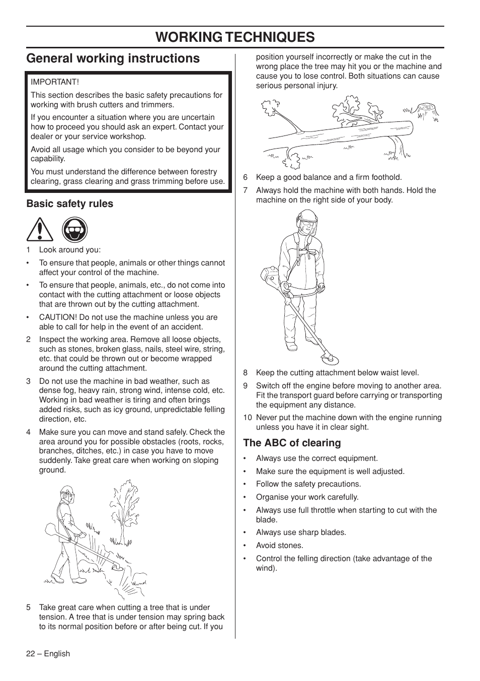 General working instructions, Basic safety rules, The abc of clearing | Working techniques | Husqvarna 327RD User Manual | Page 22 / 44