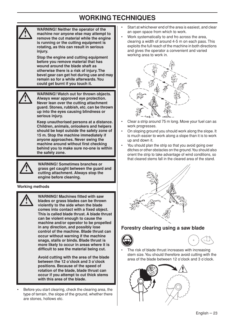 Forestry clearing using a saw blade, Working techniques | Husqvarna 327RD User Manual | Page 23 / 44