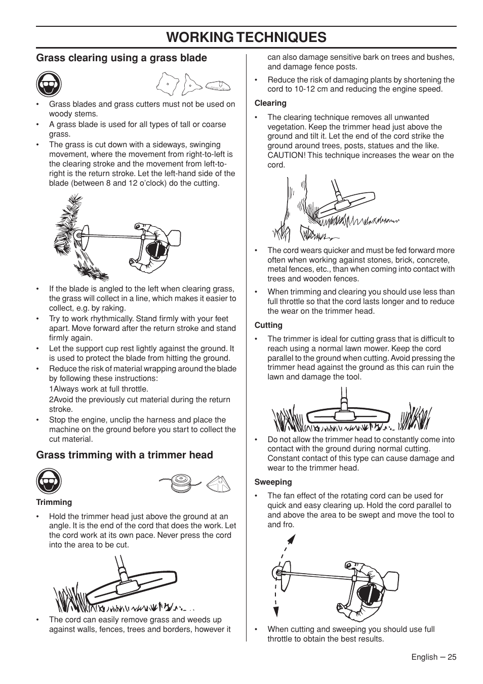 Grass clearing using a grass blade, Grass trimming with a trimmer head, Working techniques | Husqvarna 327RD User Manual | Page 25 / 44