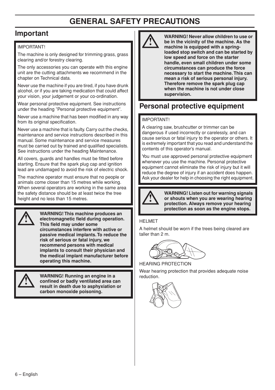 Important, Personal protective equipment, General safety preca utions | Impor tant personal protective equipment | Husqvarna 327RD User Manual | Page 6 / 44