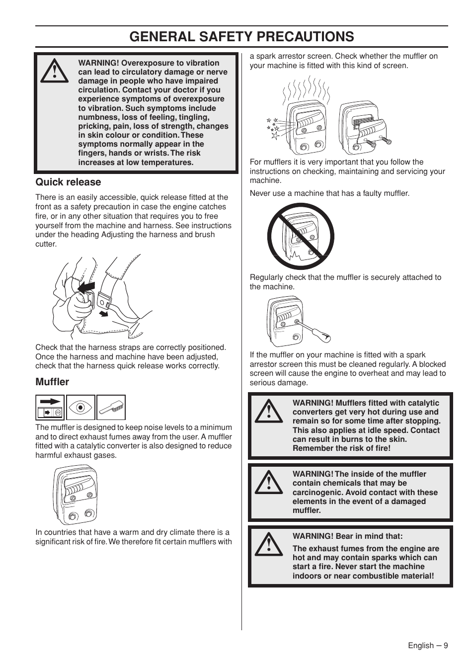 Quick release, Muffler, General safety precautions | Husqvarna 327RD User Manual | Page 9 / 44