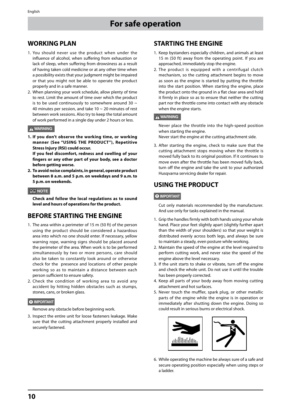 For safe operation, Working plan, Before starting the engine | Starting the engine, Using the product | Husqvarna 226HD75S User Manual | Page 10 / 18