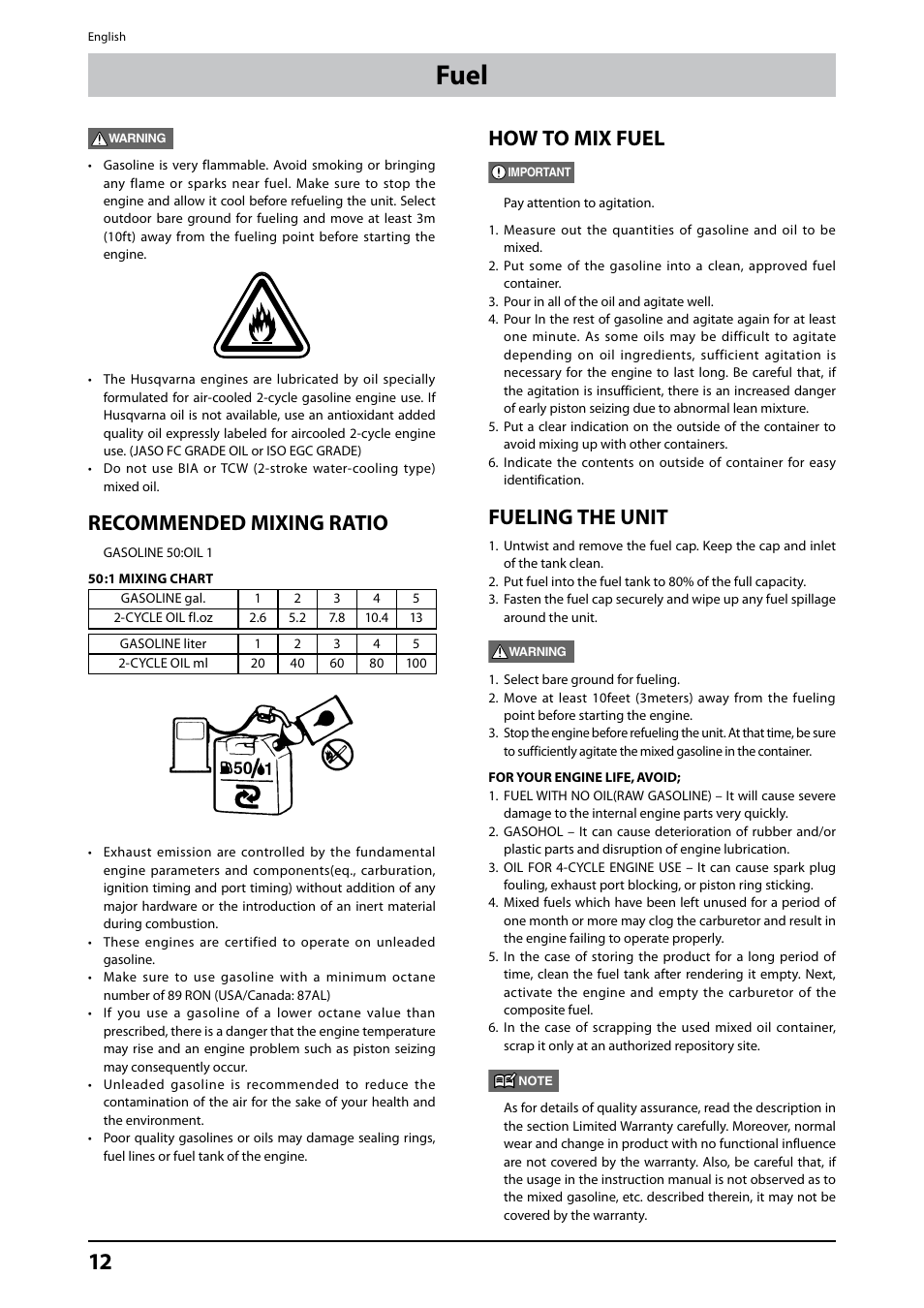 Fuel, Recommended mixing ratio, How to mix fuel | Fueling the unit | Husqvarna 226HD75S User Manual | Page 12 / 18