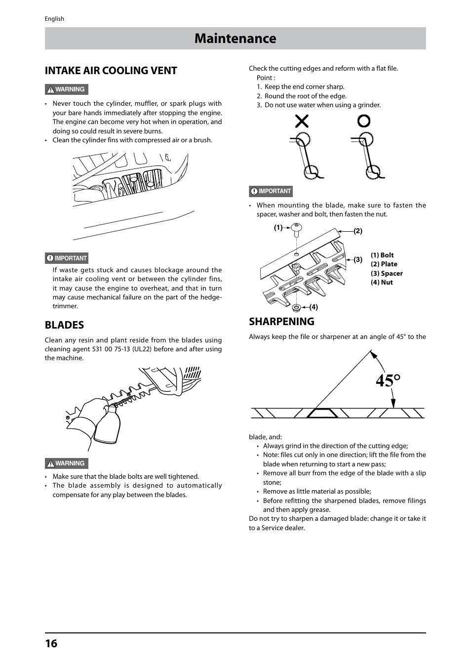 Maintenance, Intake air cooling vent, Blades | Sharpening | Husqvarna 226HD75S User Manual | Page 16 / 18