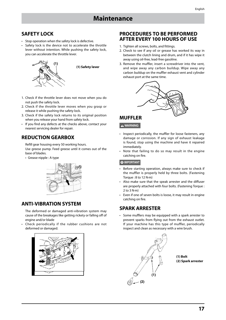 Maintenance, Safety lock, Reduction gearbox | Anti-vibration system, Muffler, Spark arrester | Husqvarna 226HD75S User Manual | Page 17 / 18