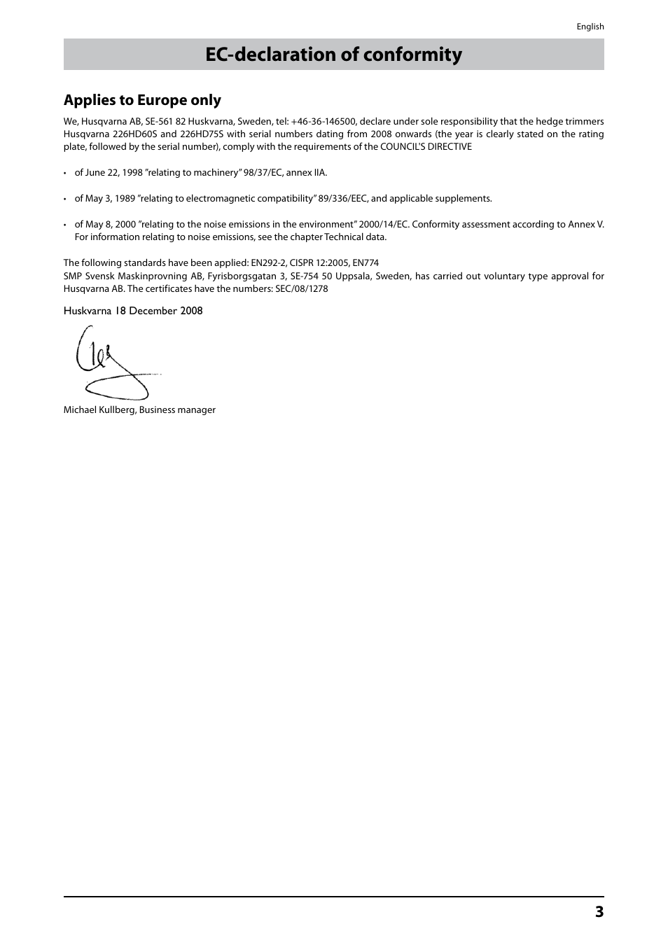 Ec-declaration of conformity, Applies to europe only | Husqvarna 226HD75S User Manual | Page 3 / 18