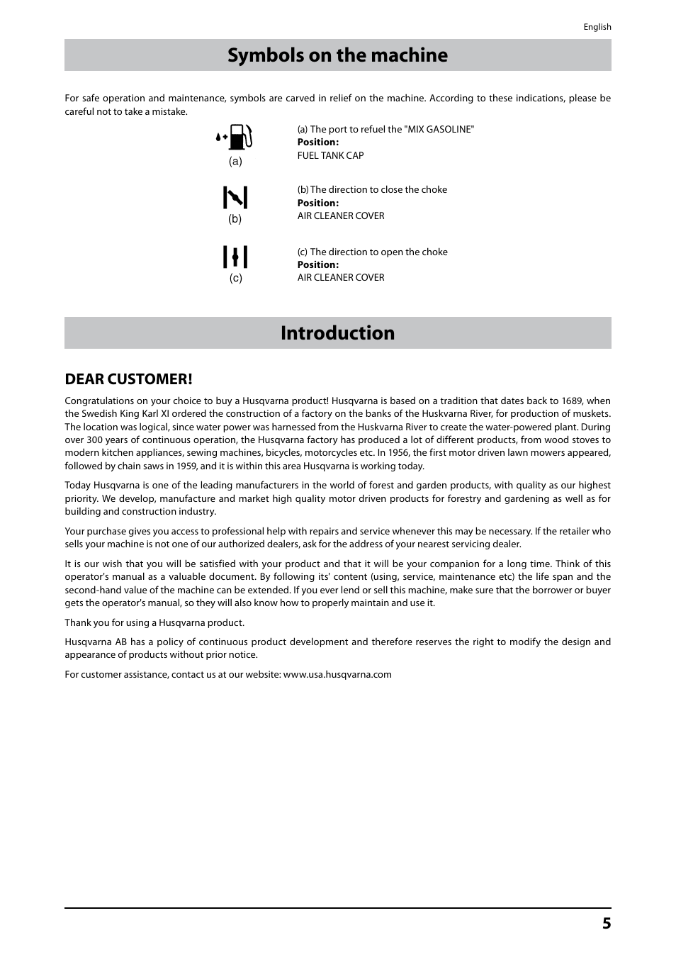 Symbols on the machine introduction, Dear customer | Husqvarna 226HD75S User Manual | Page 5 / 18