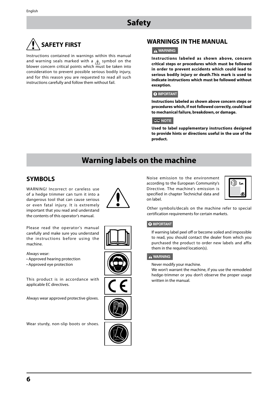 Safety warning labels on the machine, Symbols, Safety first | Warnings in the manual | Husqvarna 226HD75S User Manual | Page 6 / 18