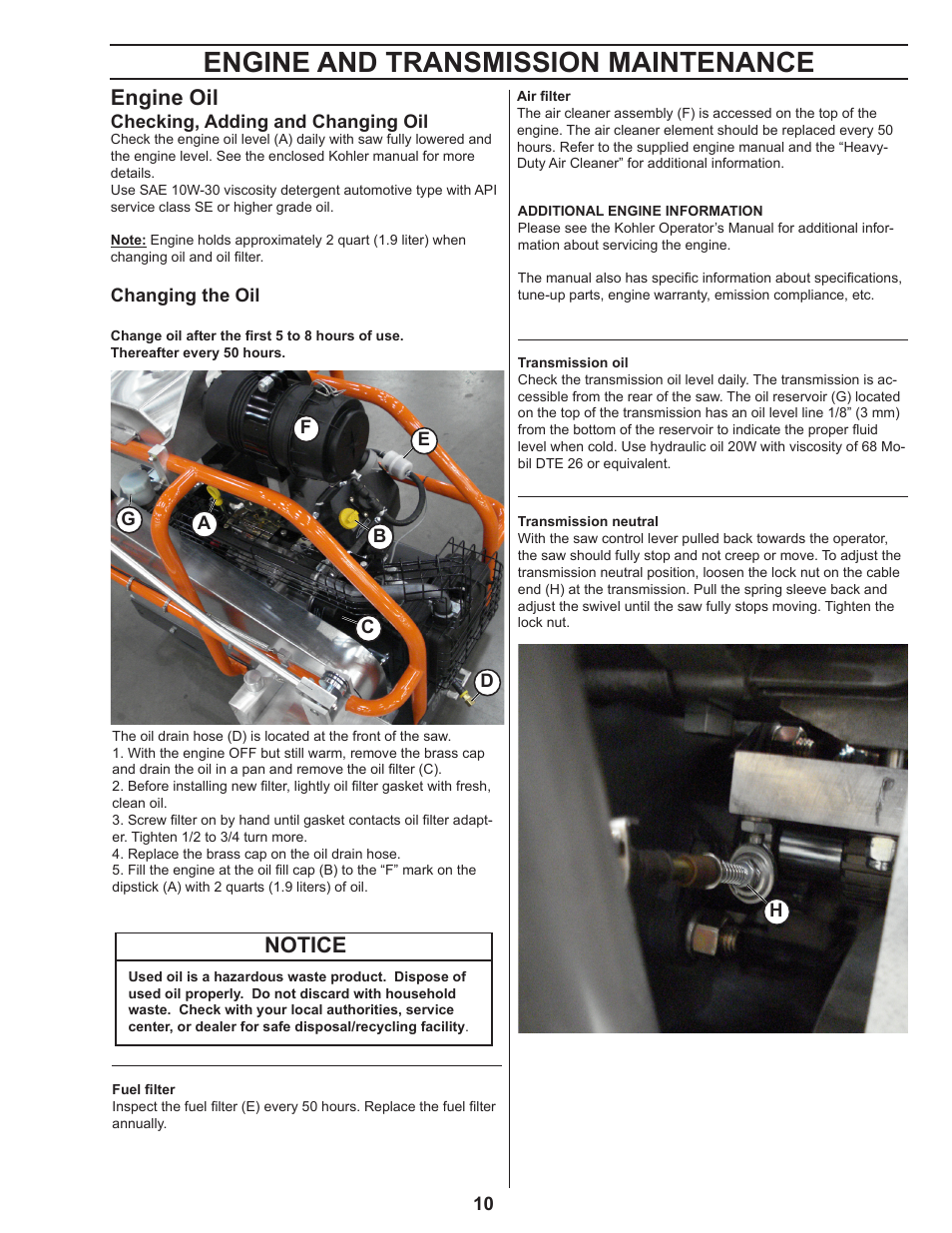 Engine and transmission maintenance, Engine oil, Notice | Husqvarna 4000 User Manual | Page 10 / 17