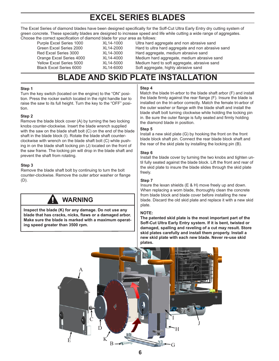 Excel series blades, Blade and skid plate installation, Warning | Husqvarna 4000 User Manual | Page 6 / 17