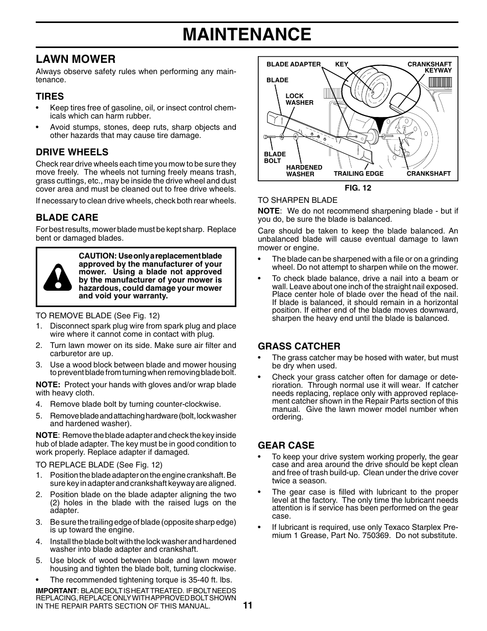 Maintenance, Lawn mower | Husqvarna 7021RS User Manual | Page 11 / 22