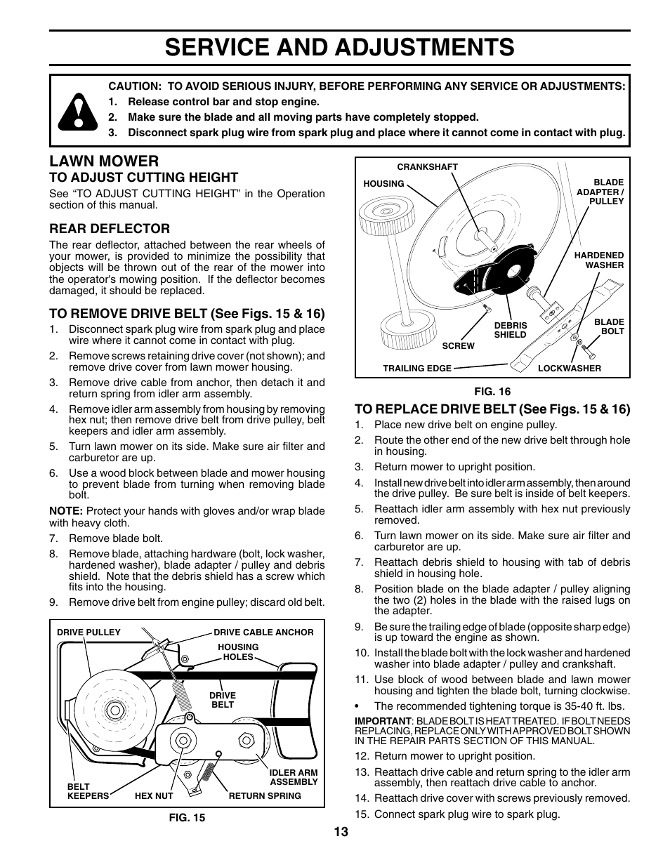 Service/ adjustments, Service and adjustments, Lawn mower | Husqvarna 7021RS User Manual | Page 13 / 22