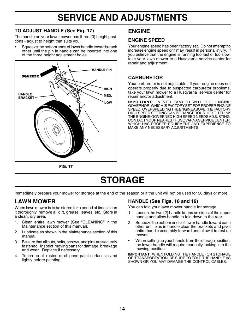 Storage, Service and adjustments, Engine | Lawn mower | Husqvarna 7021RS User Manual | Page 14 / 22