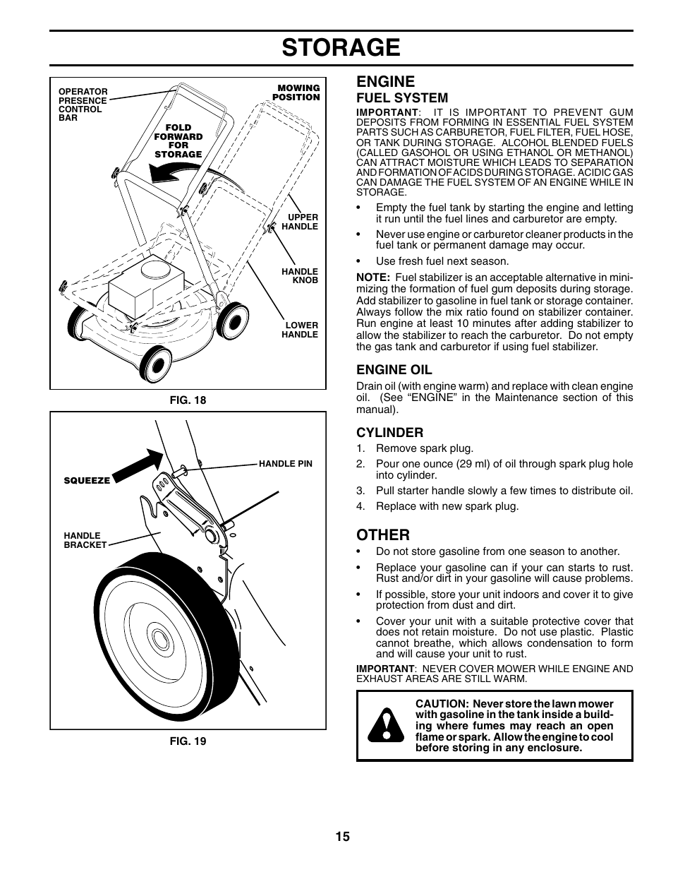 Storage, Engine, Other | Husqvarna 7021RS User Manual | Page 15 / 22