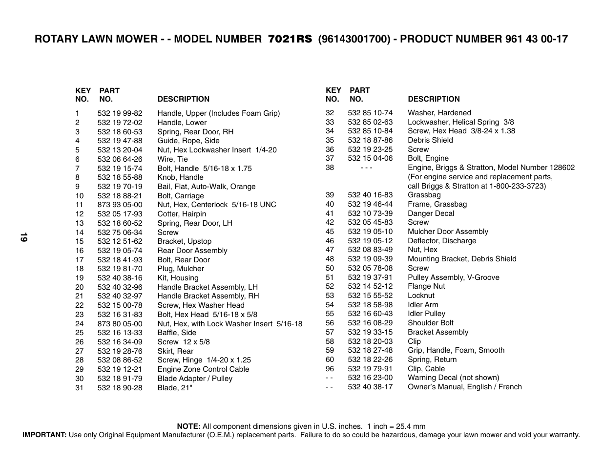 Parts list | Husqvarna 7021RS User Manual | Page 19 / 22